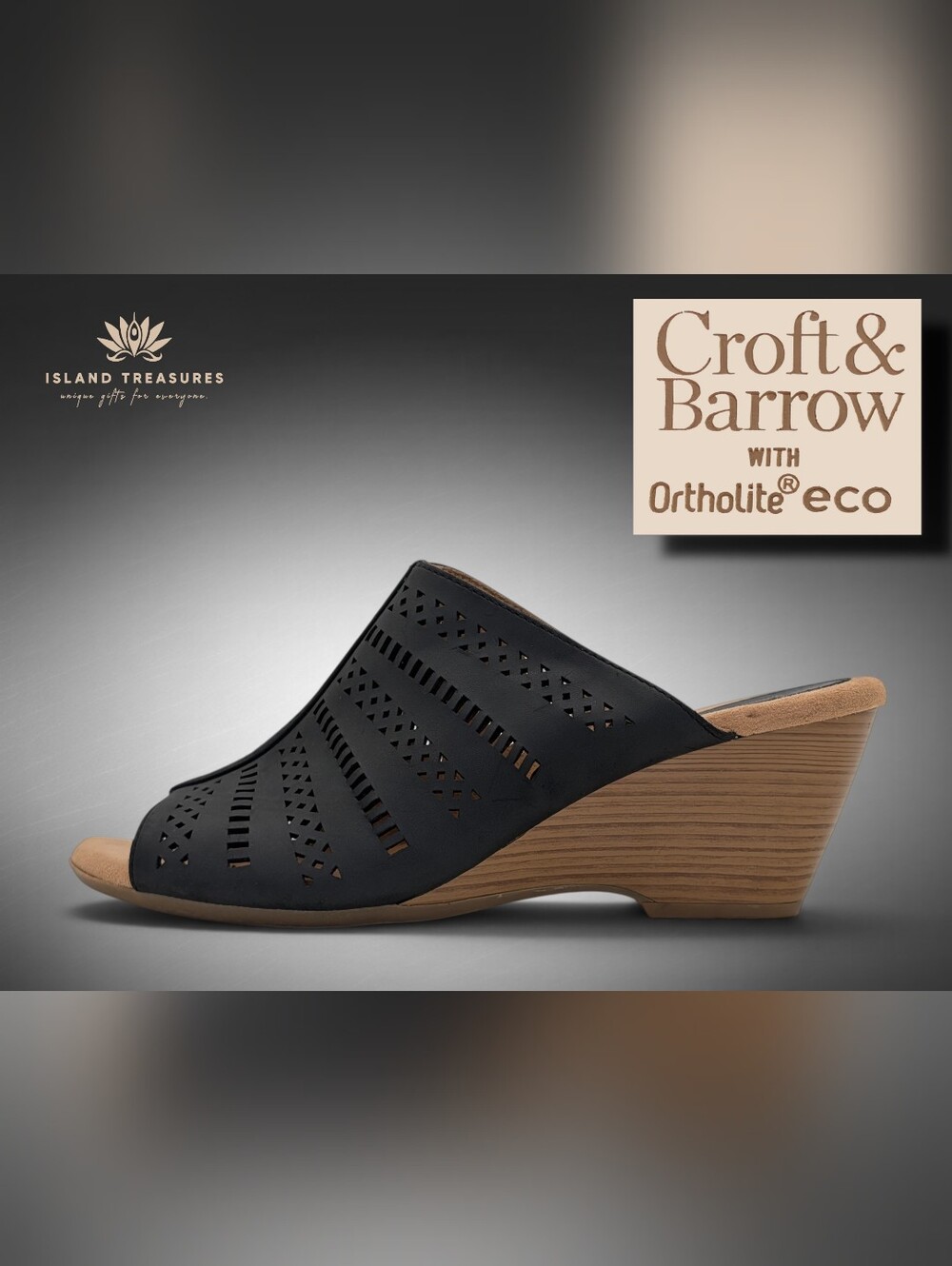 Croft & Barrow Sz 9M Bergamot Black Laser Cut Peep Toe Wedge Mules Ortholite Eco